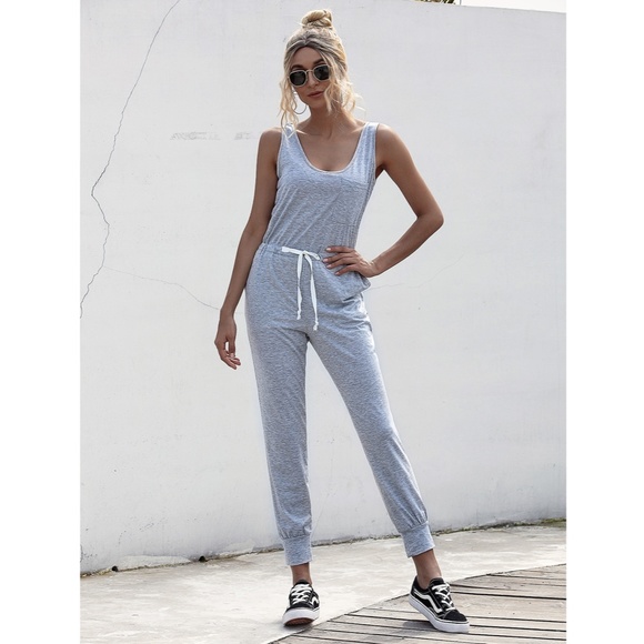 Casual Grey Jumpsuit Drawstring Waist - Picture 7 of 10